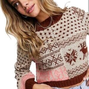 Free People Brown and Pink Patterned Sweater